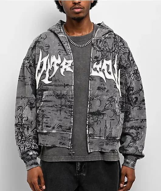 Scrolls Grey Wash Crop Zip Hoodie — image 1 of 1