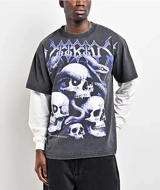 Serpents Reign Black Wash White 2fer Long Sleeve T-Shirt — image 1 of 1