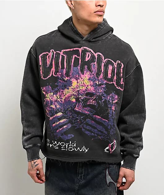 Slow Burn Charcoal Wash Distressed Crop Hoodie — image 1 of 1