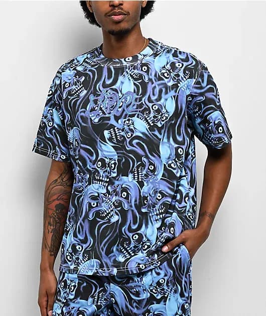 Smokeshow Skulls Blue Black Boxy T-Shirt — image 1 of 1