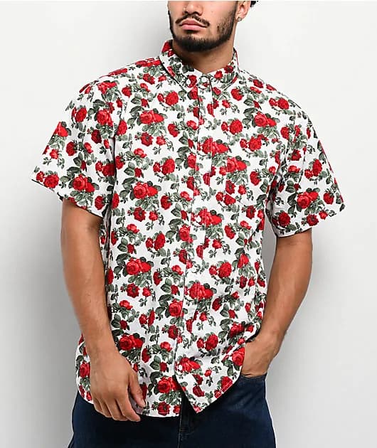 Tate Roses White Red Button Up Shirt — image 1 of 1