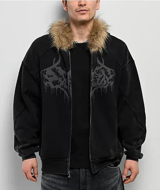 Unruly Black Wash Fur Zip Hoodie — image 1 of 1