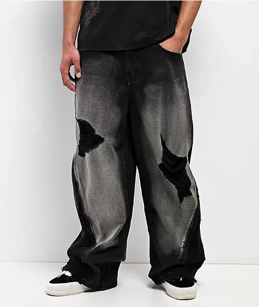 Void Depth Distressed Black Wash Wide Leg Jeans — image 1 of 1
