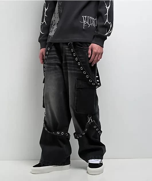 Void Strap Black Wash Ultra Wide Cargo Jeans — image 1 of 1