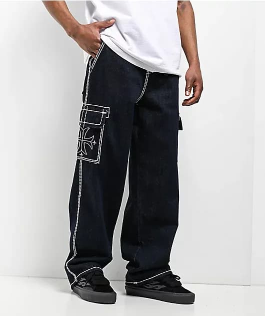 Wide Leg Blue Wash Cargo Jeans — image 1 of 1