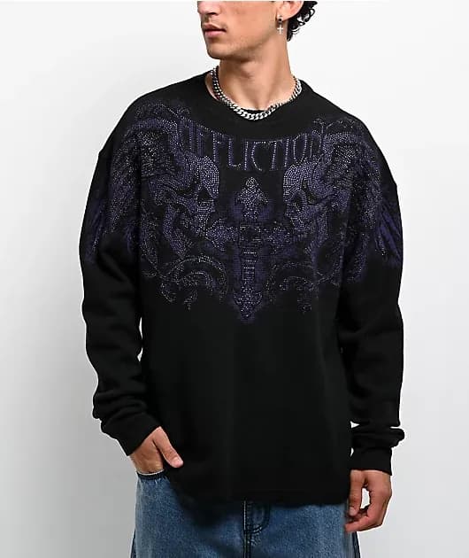 Winged Up Rhinestone Purple Oversized Thermal Long Sleeve T-Shirt — image 1 of 1