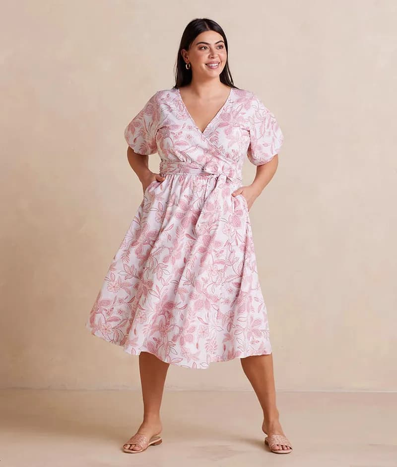 The Coastal Poplin Puff-Sleeve Wrap Midi Dress - Batik Floral in Faded Rose & White Sand — image 1 of 1
