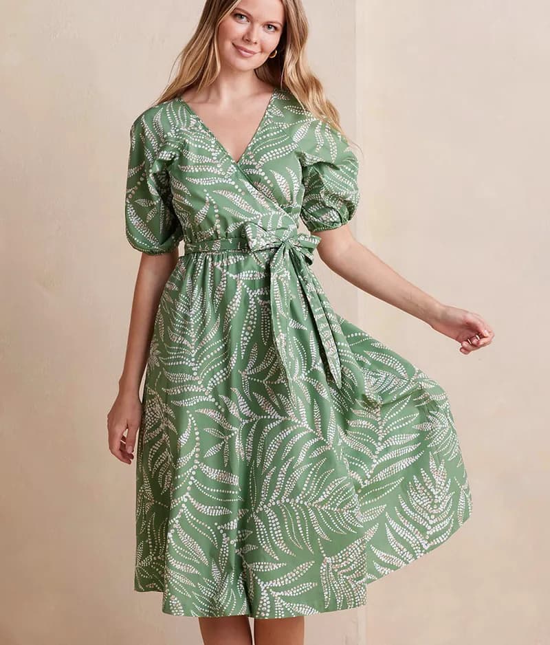The Coastal Poplin Puff-Sleeve Wrap Midi Dress - Dotted Palms in Seagreen & White Sand — image 1 of 1