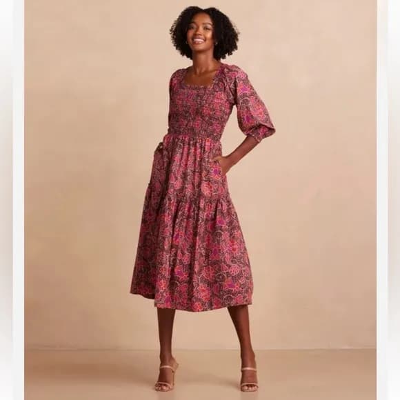The Countryside Poplin Button Down Midi Dress - Vineyard Blooms in Pinot — image 1 of 1