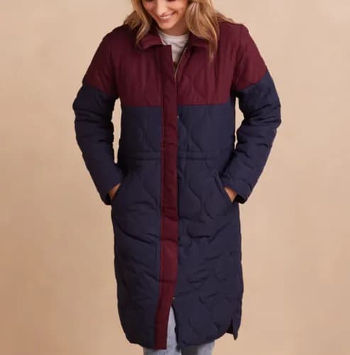 The Long Colorblock Eco Quilted Coat - Midnight & Black Cherry — image 1 of 1