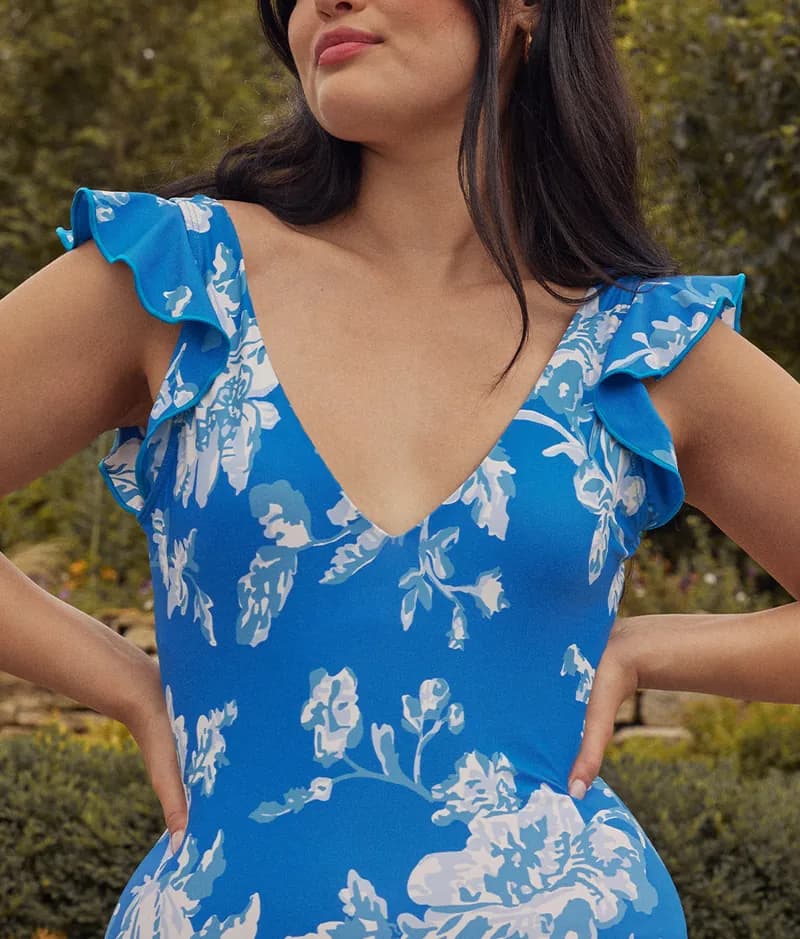 The Long Torso Ruffle Backflip - Microfloral in Azure & White Sand — image 1 of 1