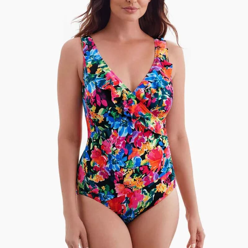 The Long Torso Ruffle Seaway Square Neck One-Piece - Bouquet Parade — image 1 of 1