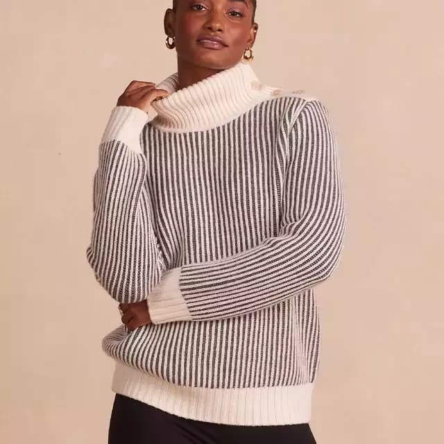 The Luxe Cashmere Blend Two-Tone Button Neck Sweater - Fawn & Dune — image 1 of 1