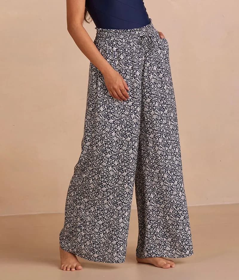 The Silky Luxe Palazzo Pants with Ties - Abstract Palm in Sea Urchin & White Sand — image 1 of 1