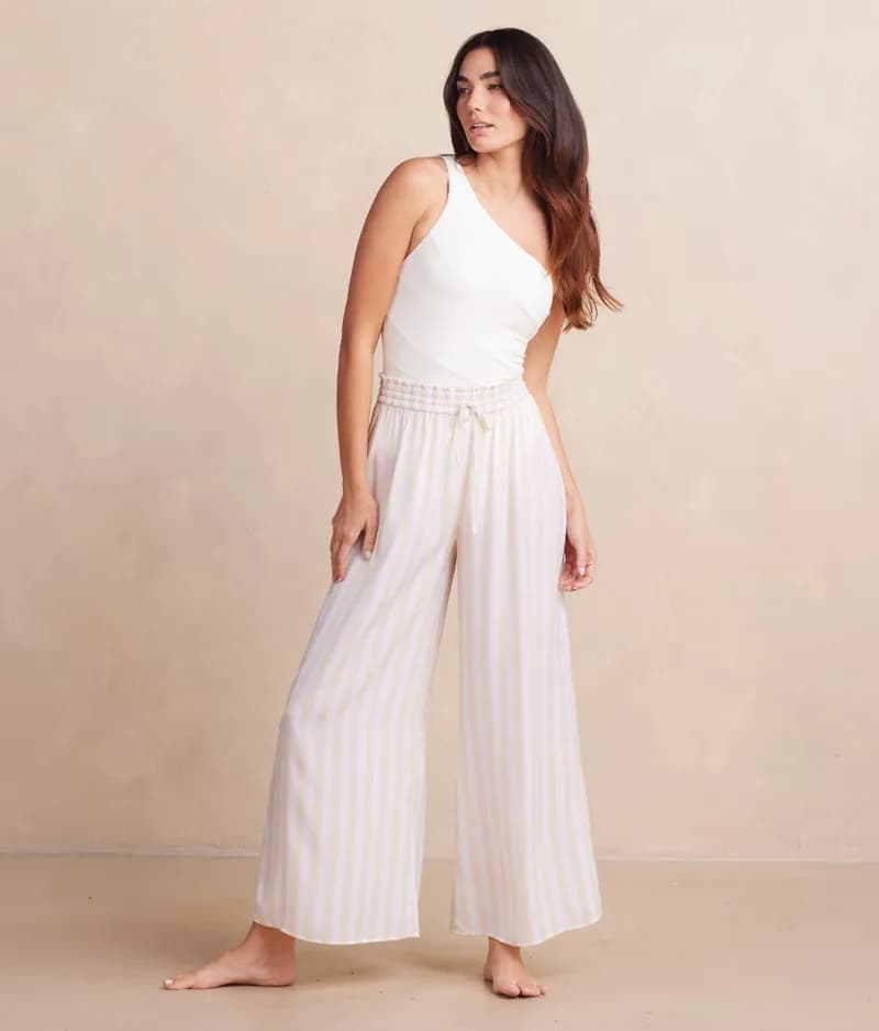 The Silky Luxe Palazzo Pants with Ties - Beach Stripe in Sandshell — image 1 of 1