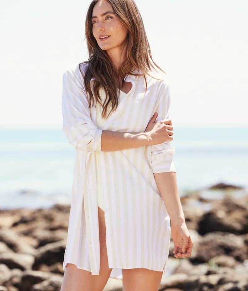 The Silky Luxe Short Effortless Shirtdress Cover-Up - Beach Stripe in Sandshell — image 1 of 1