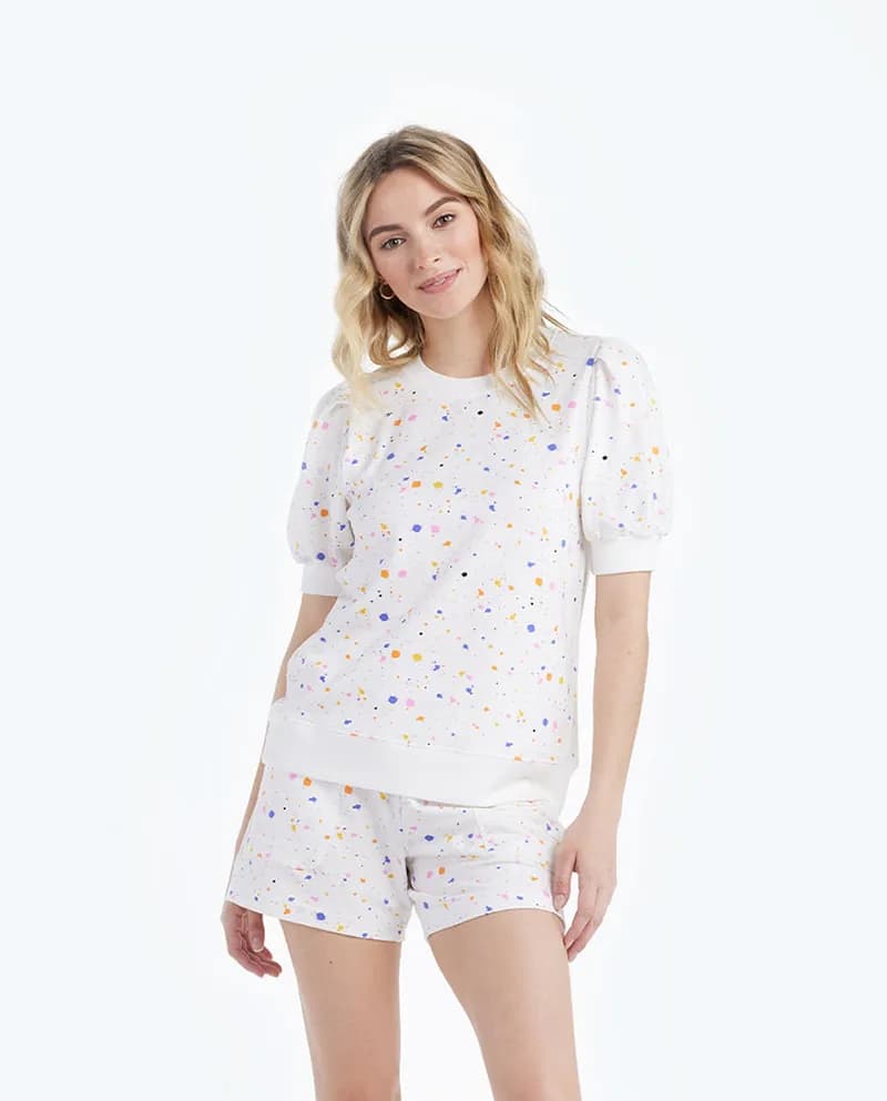 The Softest French Terry Puff Short Sleeve Top - Paint Splatter in White Sand — image 1 of 1